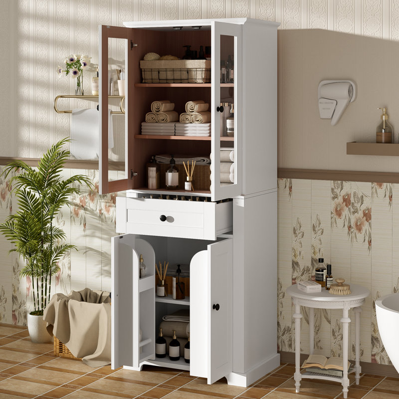 Tall Bathroom Storage Cabinet With Tempered Glass Doors – Modern Freestanding Linen Tower With Adjustable Shelves & Drawer, Soft-Close Design