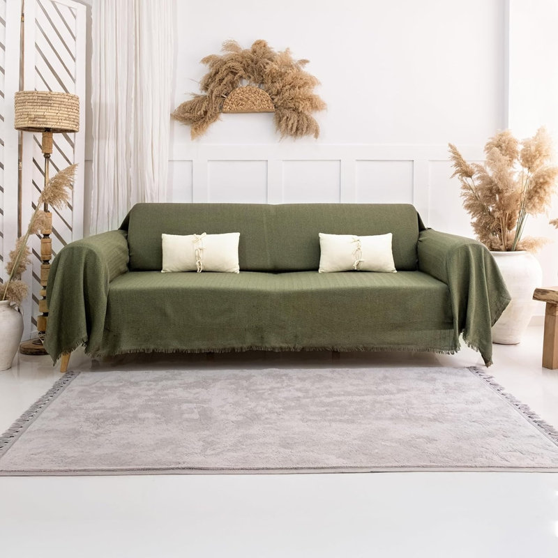 Cotton Box Cushion Sofa Slipcover, Green