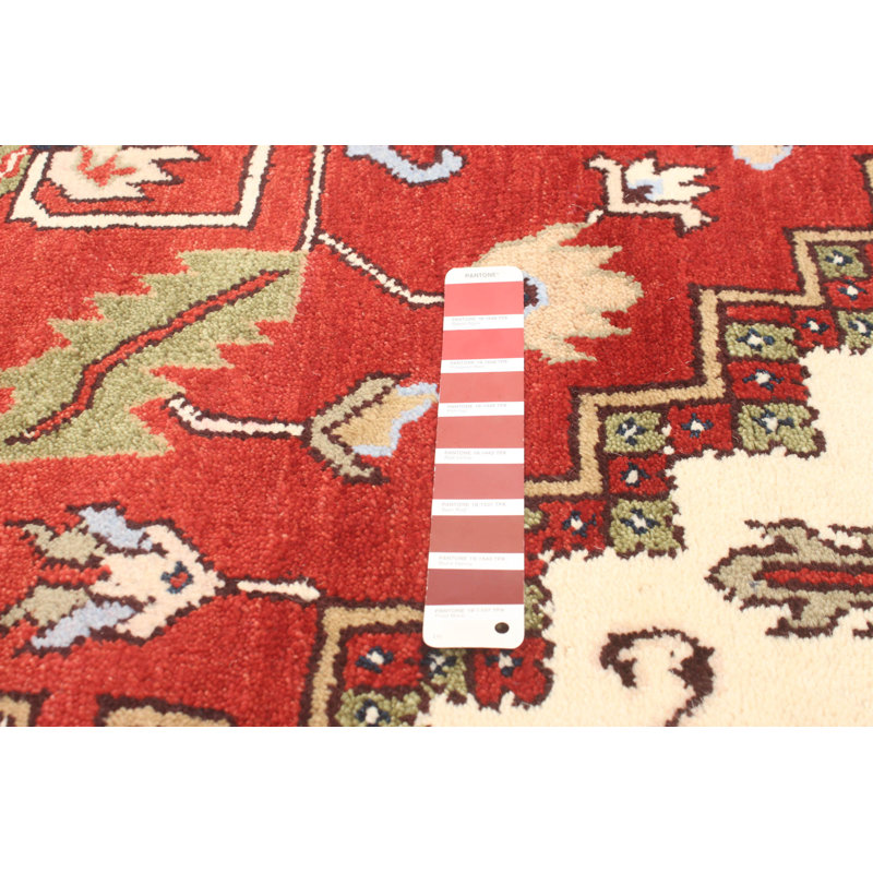 Tapis décoratif en laine rouge/bleu marine de conception unique 9 pi 10 po x 14 pi noué à la main New Age