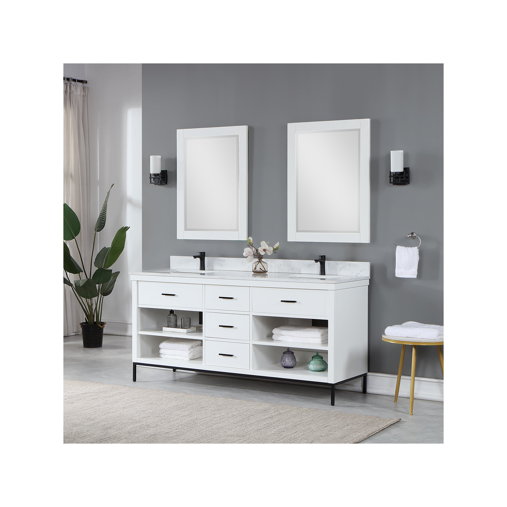 Kesia 72'' Double Bathroom Vanity, White, Matte Black