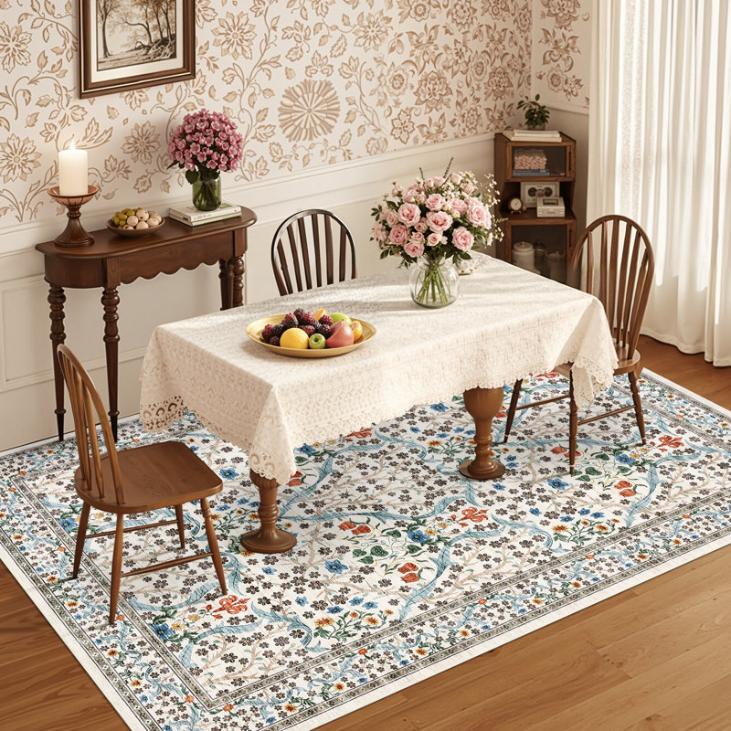 Vintage Floral Area Rug Washable Rugs Stain Resistant Easy Cleaning Indoor Carpet With Non-Slip Backing Low Pile Floor Cover Non Shedding Folding Throw Carpet For Home Decor