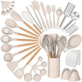 Silicone Cooking Utensils Set, 43Pcs Non-Stick Heat Resistant Kitchen Utensils Spatula Set With Wooden Handle For Baking, Cooking, And Mixing, Best Kitchen Gadgets Tools With Holder (Khaki)