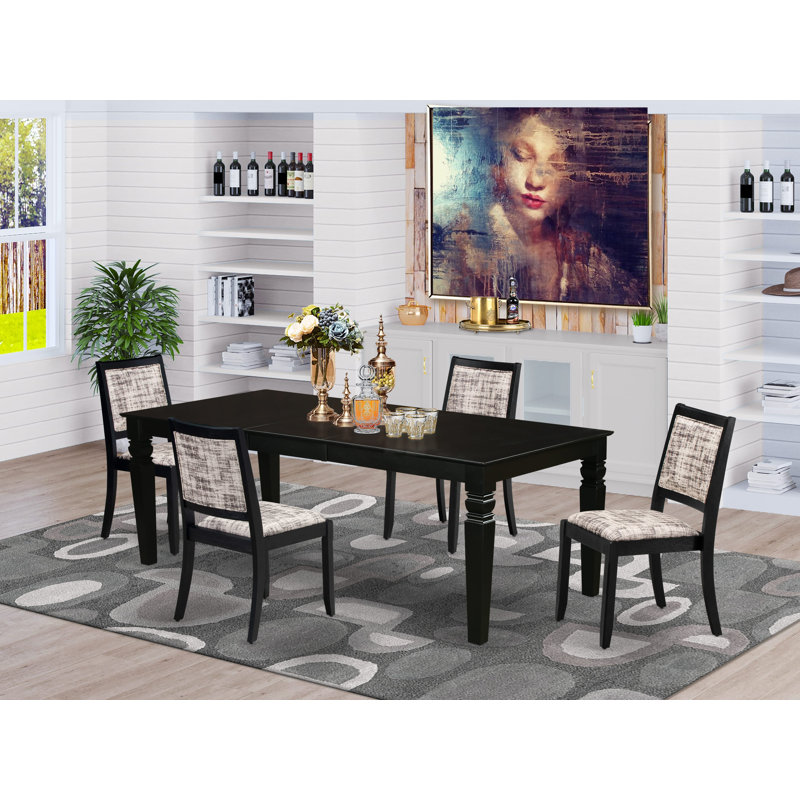 5 Piece Dining Set Includes a Rectangular Kitchen Table with Black Tabletop and 4 Stackable Polyester Fabric Chairs, Black, 5