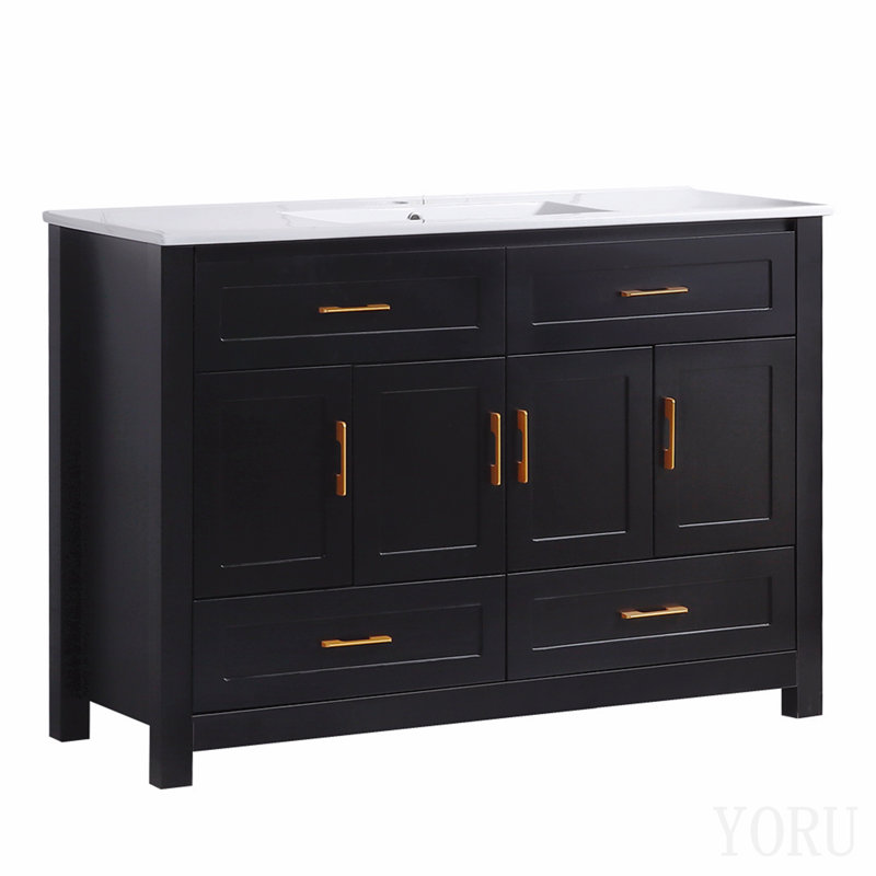 Meuble-lavabo noir 48 po. Armoire de rangement abondante - 4 portes à fermeture douce et 4 tiroirs (à l'exception du lavabo en céramique)