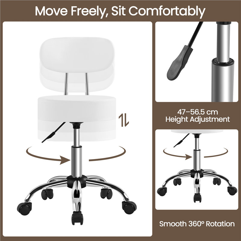 Backed Adjustable Height Ergonomic Industrial Stool, White