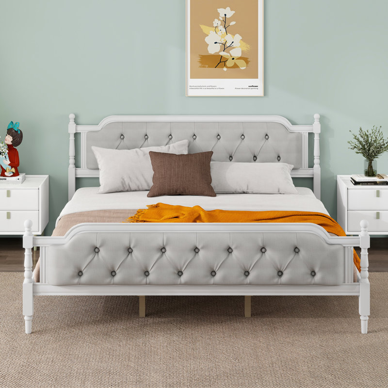 Upholstered Platform Bed with Headboard, King, Antique White