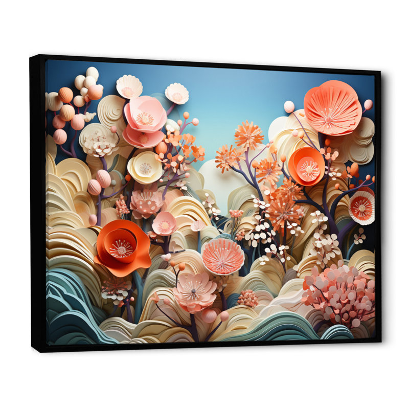 Coral Vibrant Reef, impression géométrique sur toile, H 12 po x l 20 po x P 1 po, Cadre flottant noir