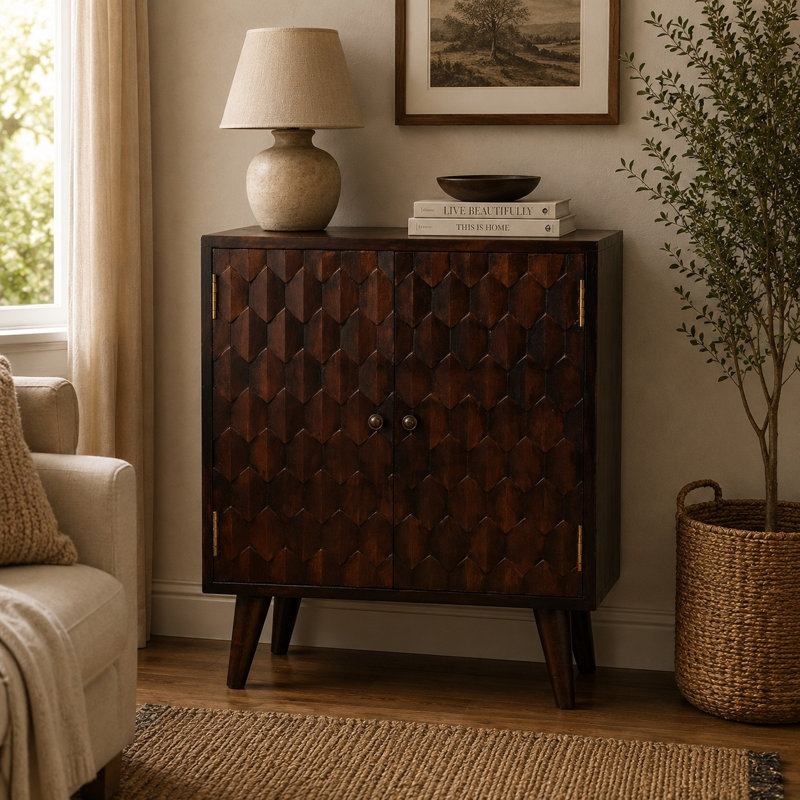 Charlemont Solid Wood 2 - Door Mirrored Rectangle Accent Cabinet, Light Walnut
