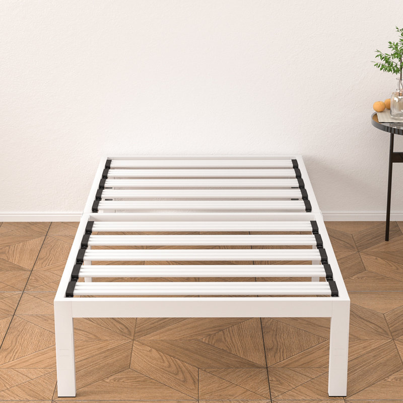 Base de lit plateforme robuste de 14 po avec lattes en acier renforcé Base E, Lit simple, Blanc