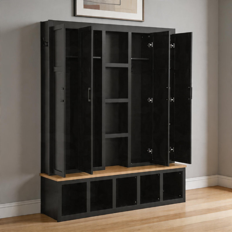 Black Farmhouse-Style 4-In-1 Entryway Coat Rack Features 6 Hooks, Wood-Grain Bench, Open Compartments And Shoe Storage Bench, Perfect For Living Rooms And Hallways.