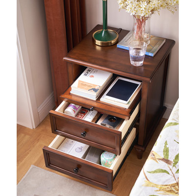 Table de chevet de style campagnard américain en bois massif brun avec deux tiroirs