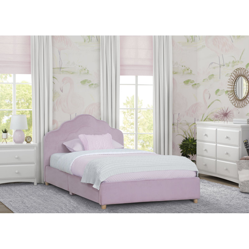 Rose Pink Twin Upholstered Platform Bed with Scalloped Headboard
