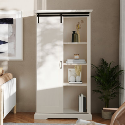 Rustic Farmhouse Storage Cabinet Bookcase with Sliding Barn Door and Adjustable Shelves
