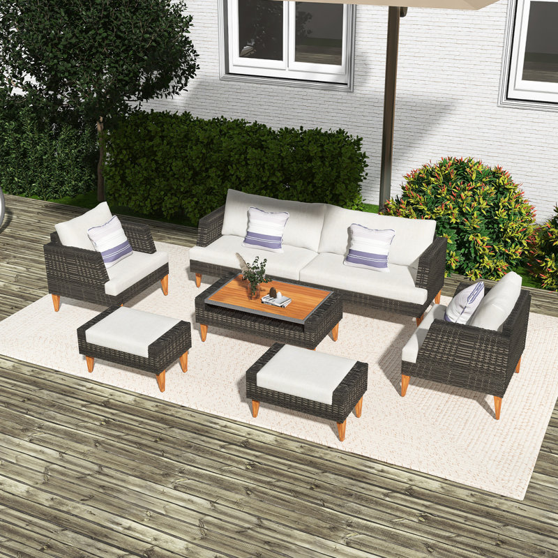 Ensemble de canapé en osier 6 pièces, canapé d'extérieur en rotin avec coussins, plateau en bois avec pieds en bois, beige et gris