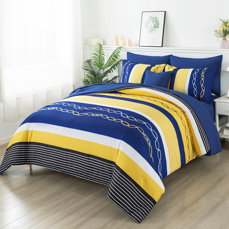 Ensemble d'édredon à rayures 8 pièces Boho, Bleu jaune, Édredon grand + 7 articles supplémentaires