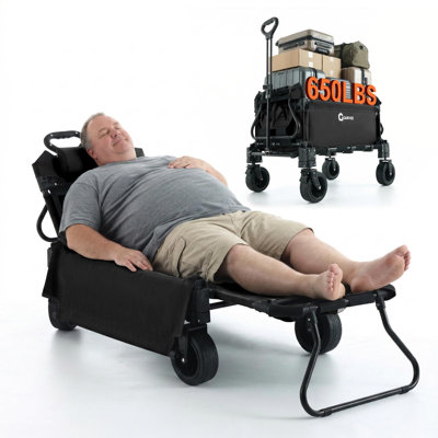 2-in-1 Foldable Festival Trolley Converts to Lounge Chair, Heavy-Duty Camping Wagon with 360° Swivel Wheels, Parking Brake & Drink Holder for Beach, Garden and Outdoor Use