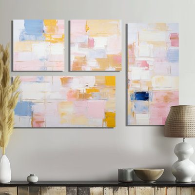 «Timeless Moments» en rose pastel, jaune et bleu - peinture abstraite murale, 4 pièces