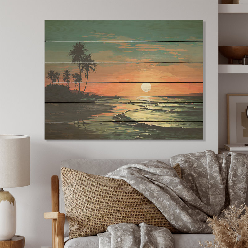 Sarcelle, escapade tropicale, coucher de soleil - palmiers et palmiers, art sur bois de pin naturel, H 24 po x l 32 po