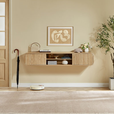 Meuble télé mural de 63 pouces avec rangement ouvert, armoire suspendue flottante pour la maison, le salon et la chambre, teinte bois naturel