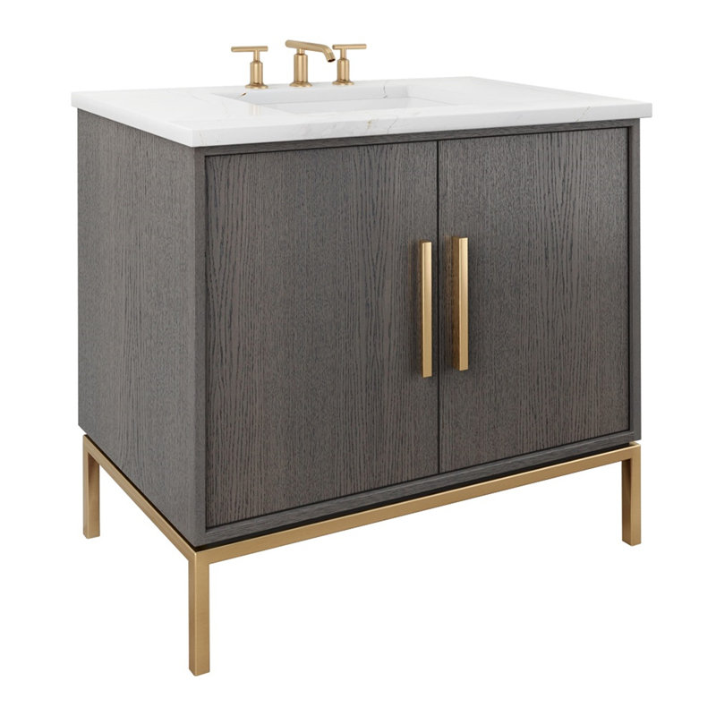 Rift White Oak Single Bath Vanity, 24", Gray Weathered, Satin Gold