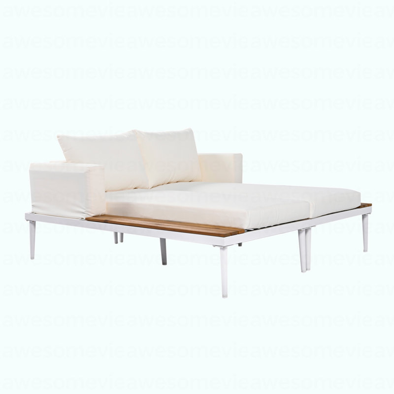 55" Wide Metal Double Outdoor Chaise Lounge With Cushions, Beige, White