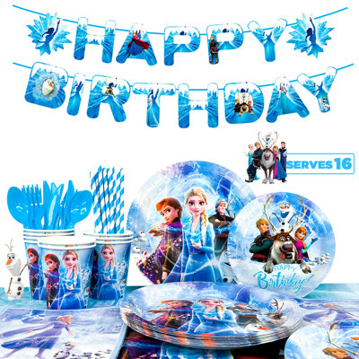 Frozen Birthday Party Decorations, fournitures de fête d'anniversaire Elsa, ensemble de vaisselle 144 pièces Frozen Party