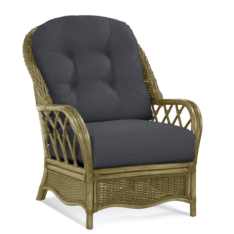 Chaise avec accoudoirs en rotin Everglade, À gros carreaux bleus; 0120-61, Laiton