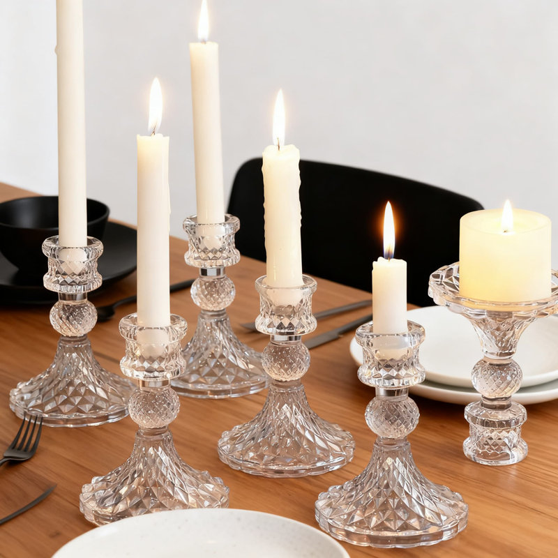 12-Piece Glass Taper Candlestick Holders Set With Diamond Pattern, 4 Inch Height For Wedding Centerpieces And Home Decor