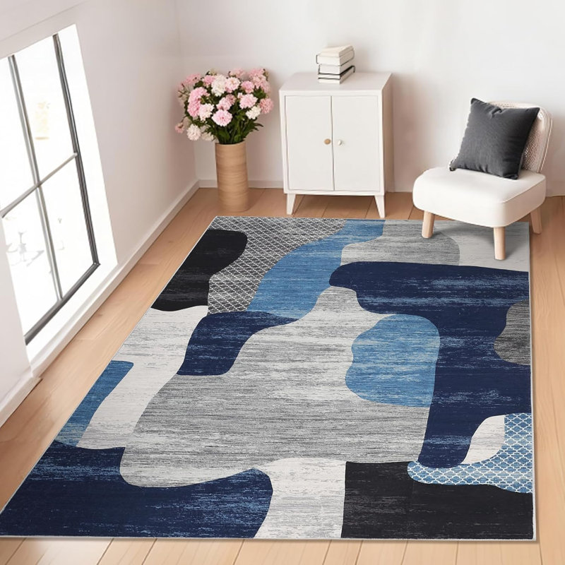 Abstract Machine Printed Area Rug, Blue, Rectangle 160 x 230 cm