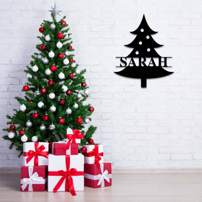Art mural en métal monogramme de sapin de Noël - décor de nom de fête personnalisé - conception de sapin de Noël festif - décoration murale rustique de ferme - sculpture industrielle moderne en métal - décoration saisonnière - pièce d'art remarquable