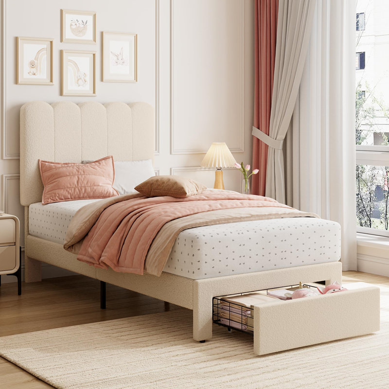 Twin Bed Frame with Under-Bed Drawer, Upholstered Platform Bed with Wave Headboard for Kids/Girls, White/WOOL, Twin
