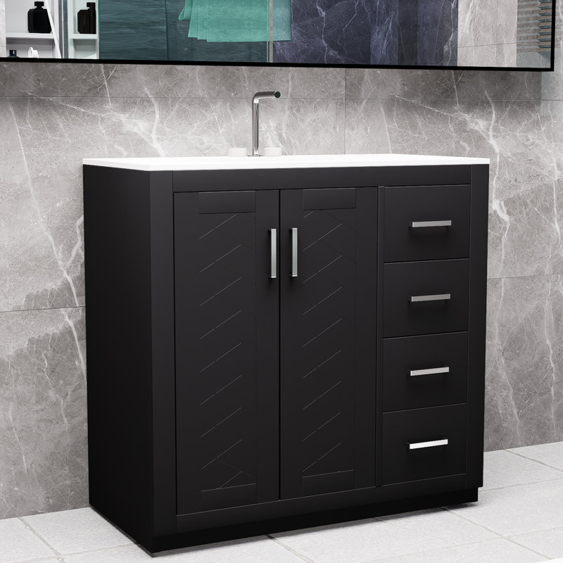 Meuble-lavabo noir 36 po avec lavabo en céramique, meuble de rangement en bois massif et meuble-lavabo autoportant