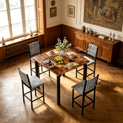 Ensemble de table de salle à manger 5 pièces avec table à hauteur de comptoir et 4 tabourets de bar, ensemble de salle à manger de cuisine moderne en faux marbre avec chaises rembourrées, ensemble de salle à manger compact pour petits espaces, brun