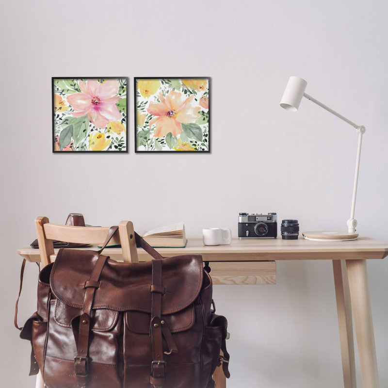  Grand ensemble de 2 giclées roses et corail par Lanie Loreth, Giclée encadrée noir minuit, H 12 po x l 12 po