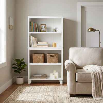 27.5”W 4-Tier Bookcase, Adjustable Storage Shelf for Living Room, Bedroom & Home Office, White