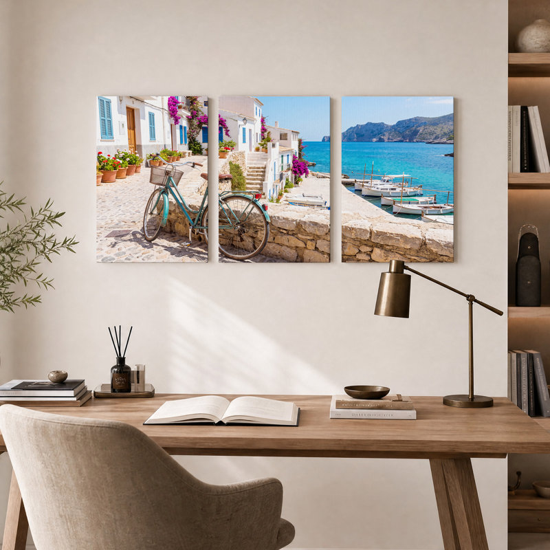Ensemble de 3 toiles murales représentant un vélo turquoise et des volets bleus près du port, 24"H x 16"W x 3pcs