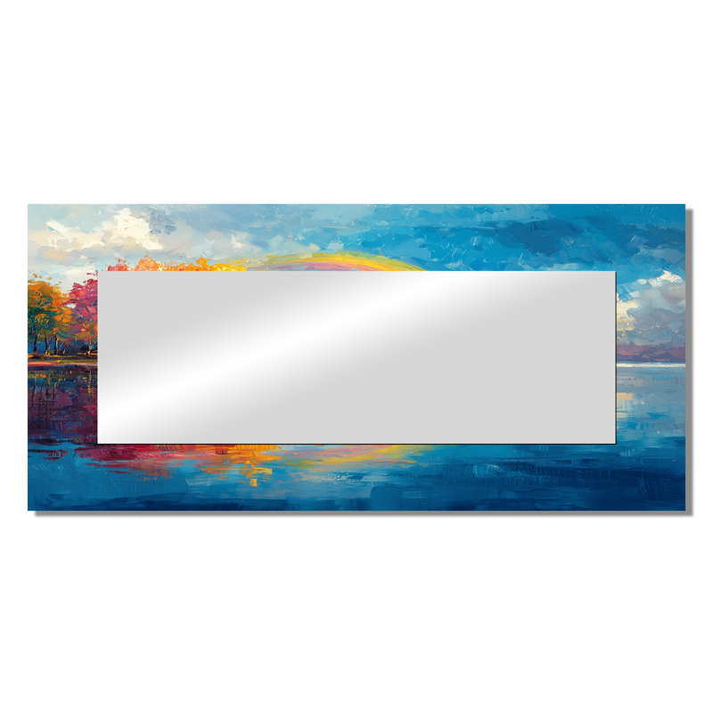 Arc-en-ciel reflété dans le lac - art mural miroir de paysages - imprimé sur métal, 28 po x 60 po