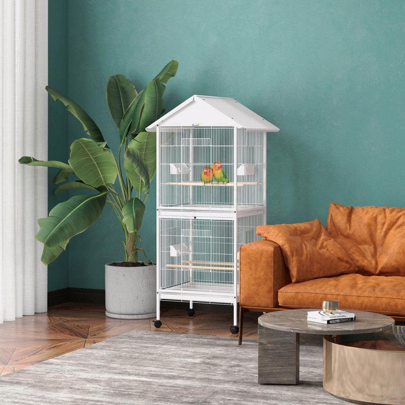 Mangeoire en métal forgé pour cage à oiseaux avec support roulant