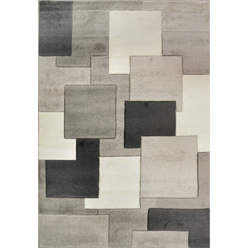 Tapis géométrique en polypropylène gris anthracite / ivoire / gris Krysia, Rectangle 6 pi 7 po x 9 pi 2 po