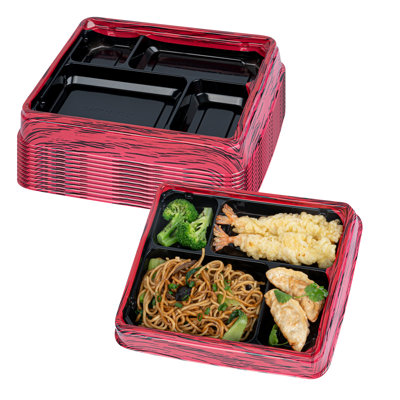 Restaurantware-Bento Tek 15.2 Ounce Meal Prep Containers, 100 Disposable To Go Food Boxes - Lids Sold Separately, 4 Compartments, Red And Black Plastic Bento Lunch Boxes, Freezable, For Take Out