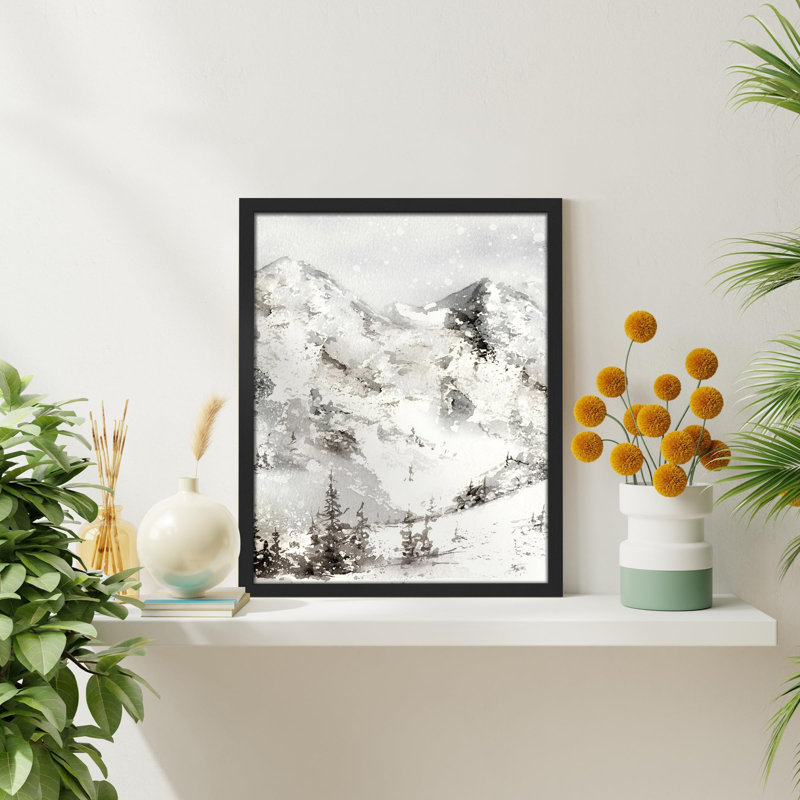 «Snow Mountain Watercolor Pastel Mist Range Winter» sur papier, Noir, H 14 po x l 11 po