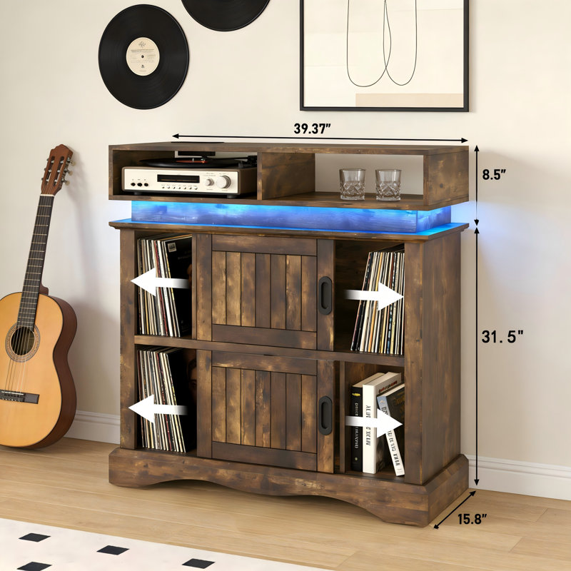 Record Player Stand With Sliding Doors, Holds 450 Albums, With Charging Station, Brown, Brown