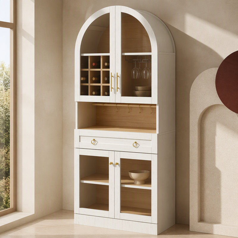 Meuble-bar arqué, haut de 178 cm, style milieu du siècle, avec tablette ajustable, 5 crochets, 9 casiers à bouteilles, 3 porte-verres, blanc