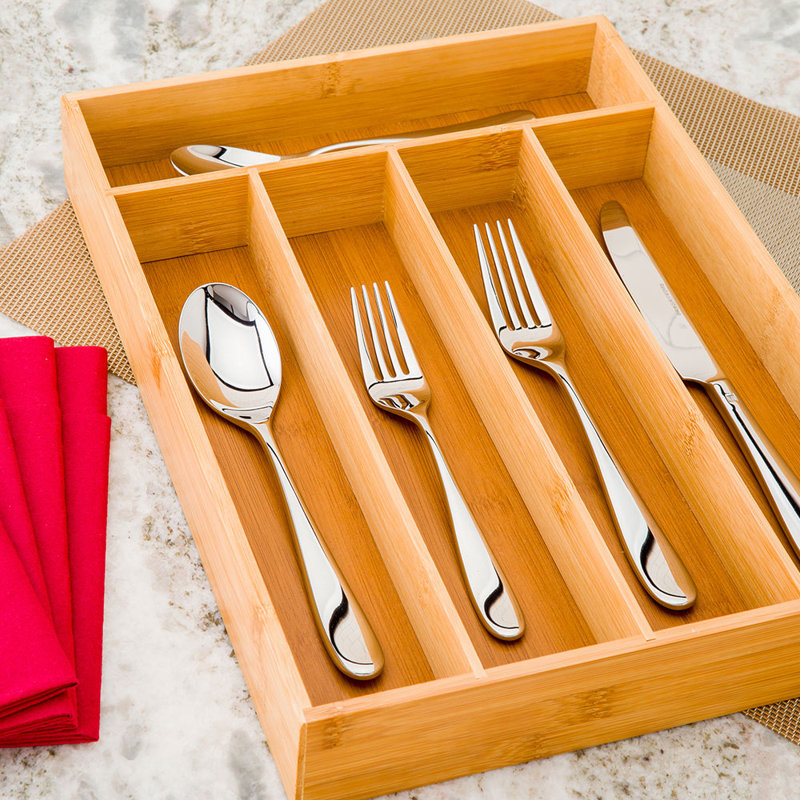 Ustensiles de restaurant - plateau à ustensiles 13 x 10 x 1,9 pouces, 1 plateau à coutellerie durable - 5 compartiments, incassable, plateau à ustensiles en bambou naturel, résistant aux éclats, pour couteaux, fourchettes et cuillères