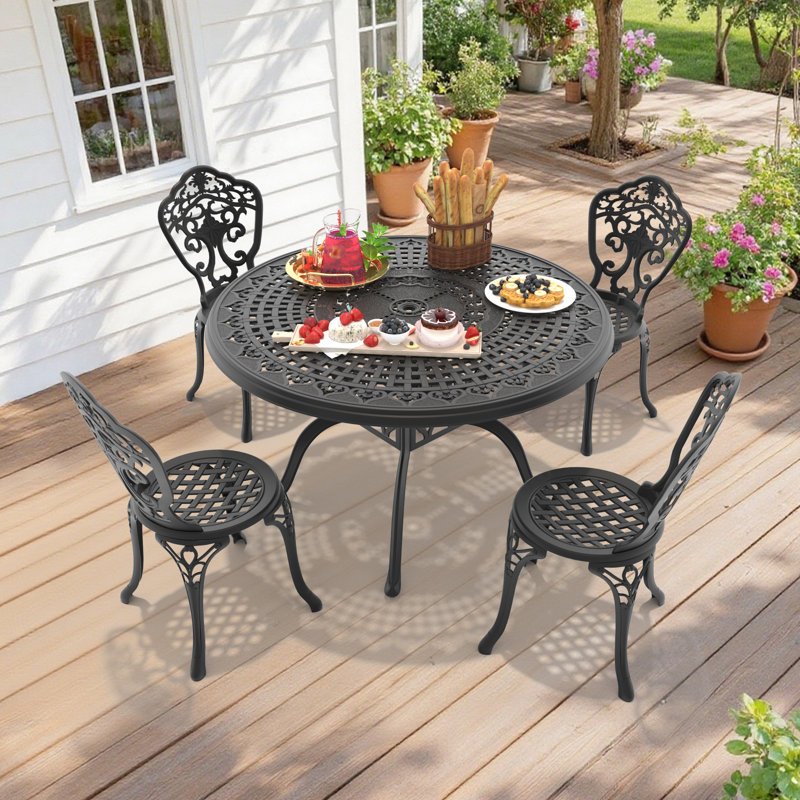 5-Piece Round Table Outdoor Cast Aluminum Dining Set, Compact Size Chair (Seat Width:15.35")，A Patio and Terrace Essential