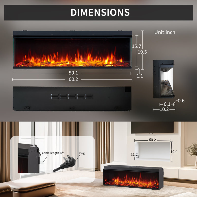 Smart Build In Electric Fireplace Insert, 1-2-3 Sided View, Heater 750W/1500W, Multi Colors Of Flame & Fuel Bed, Alexa/Google Assistant Enabled