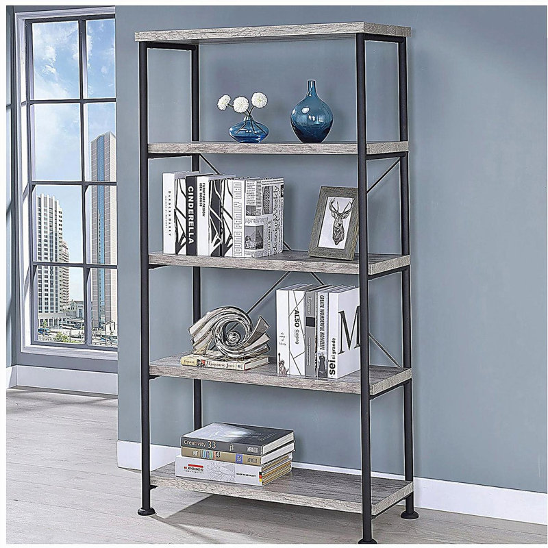 Bibliothèque à 4 tablettes avec structure en métal en bois flotté gris et noir