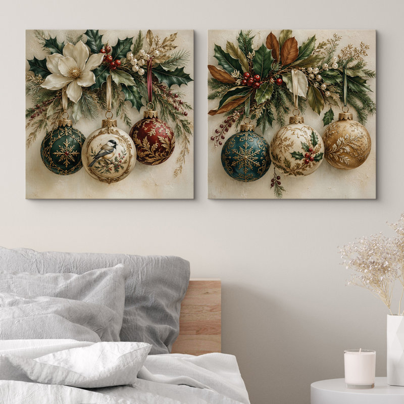 Ensemble de 2 reproductions d'art rustique des fêtes avec branches à feuilles persistantes et charme festif d'hiver encadré sur toile