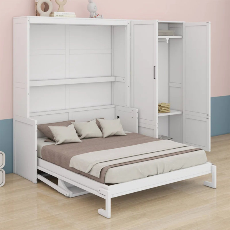 Grand lit escamotable mural avec placard, Blanc