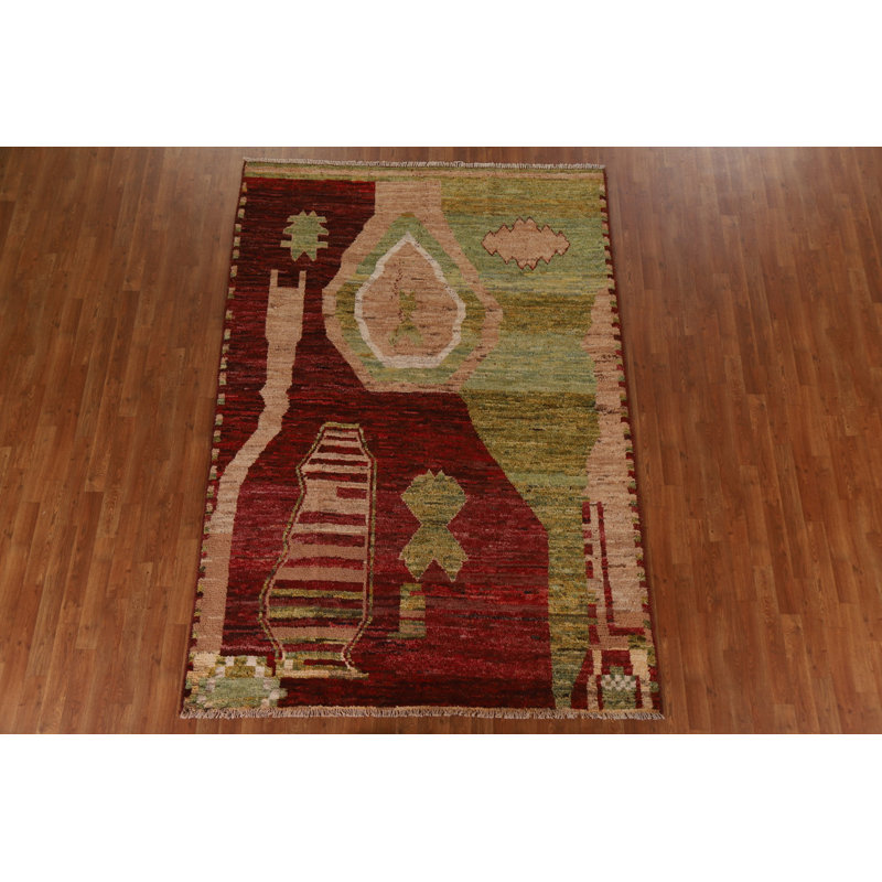 Tapis vert en laine noué à la main de conception unique 6 pi 1 po x 8 pi 8 po New Age